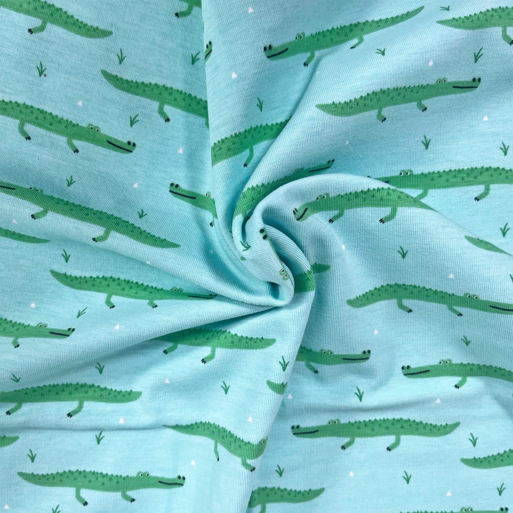 Jersey coton / élasthanne plante crocodile fond turquoise- 2123209